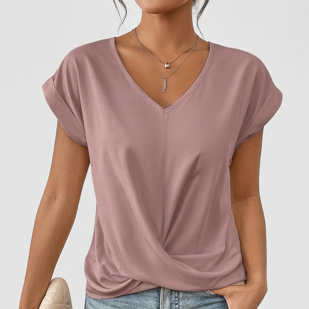 V-neck and short-sleeved blouse