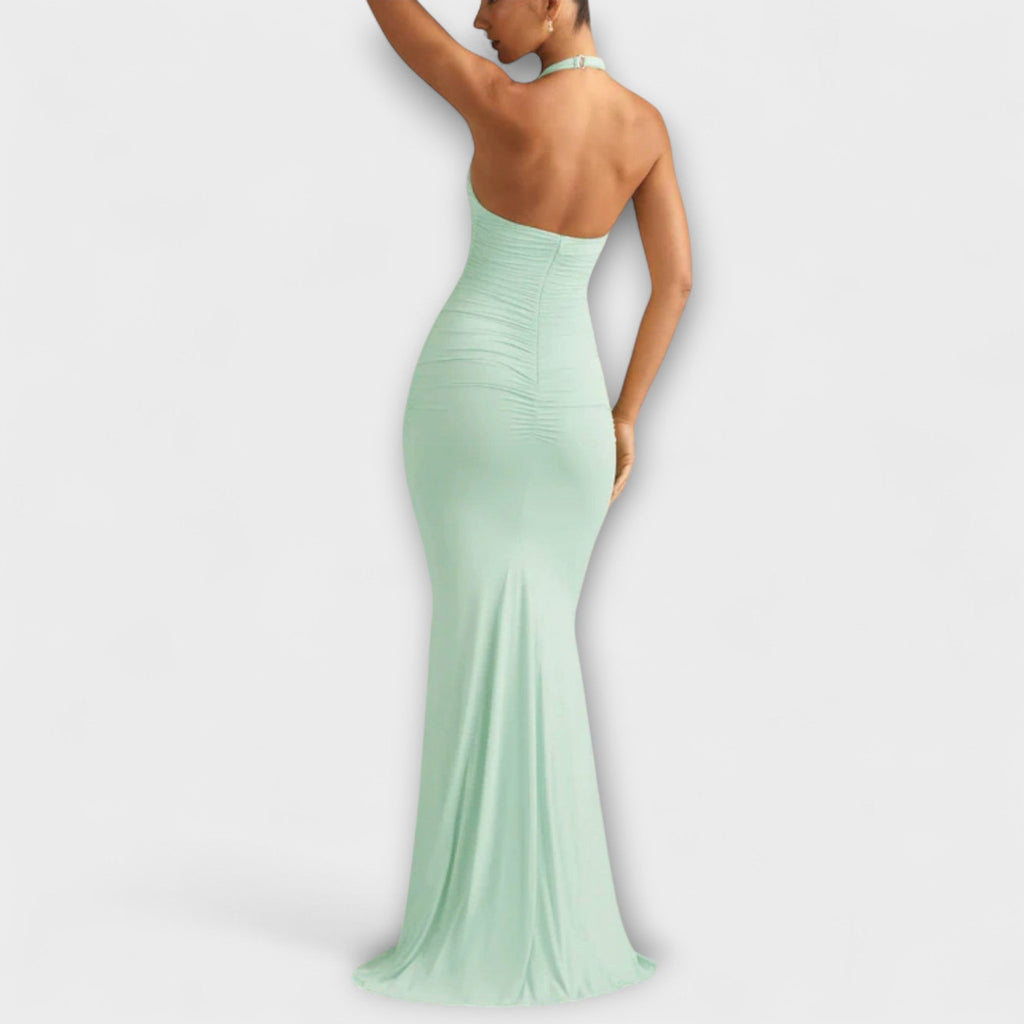 Elegant gala dress with an open back and impressive neckline