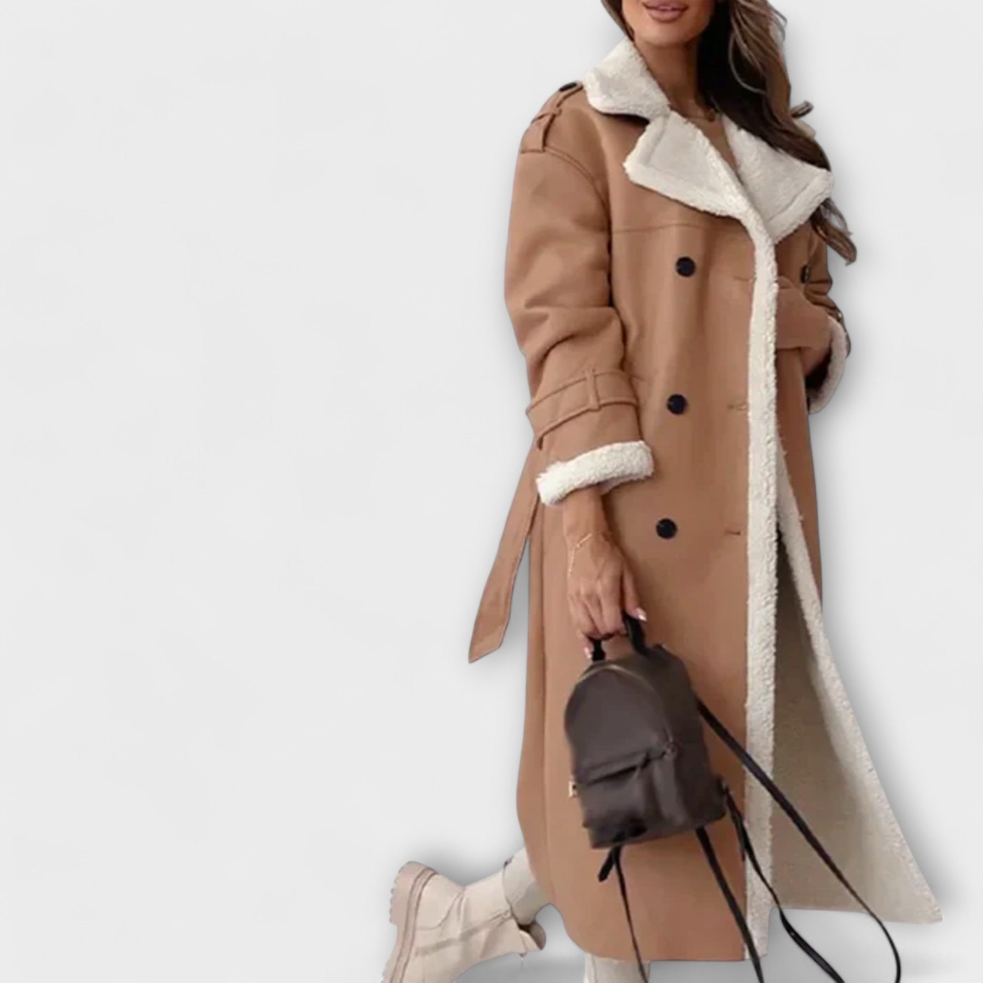 Marija – Long Classic Jacket with Fleece Lining and Teddy Bear Collar