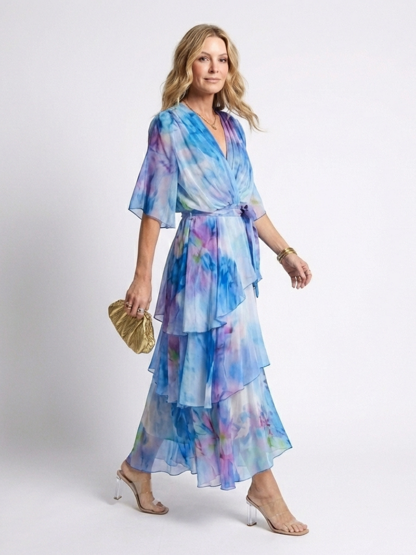 Calista | V-Neck Tiered Maxi Dress with Tie Waist