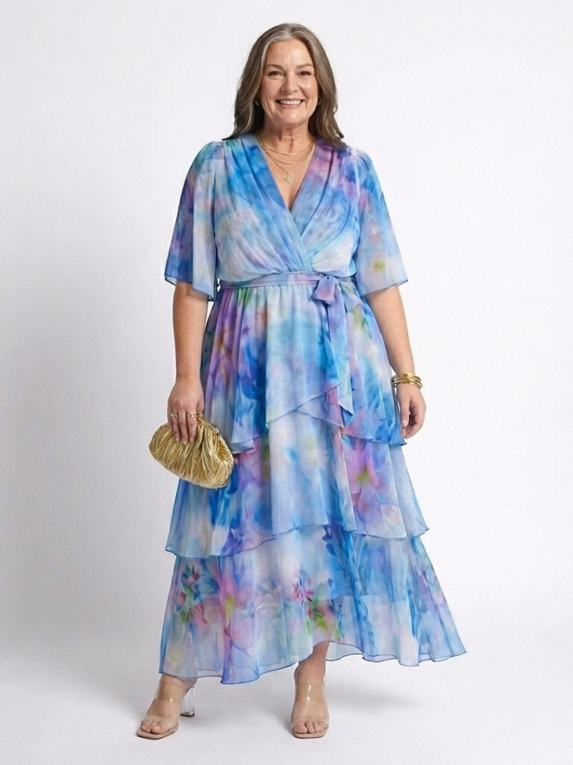 Calista | V-Neck Tiered Maxi Dress with Tie Waist