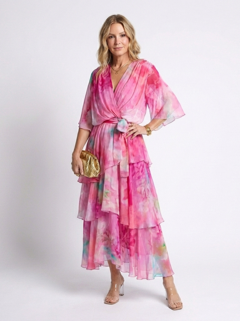 Calista | V-Neck Tiered Maxi Dress with Tie Waist