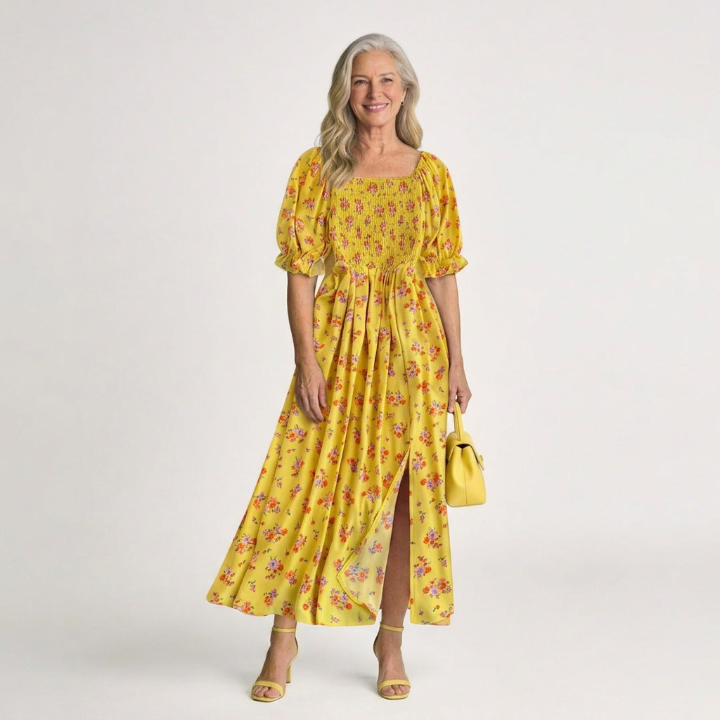 Delphine | Midi Dress with Square Neckline and Floral Puff Sleeves