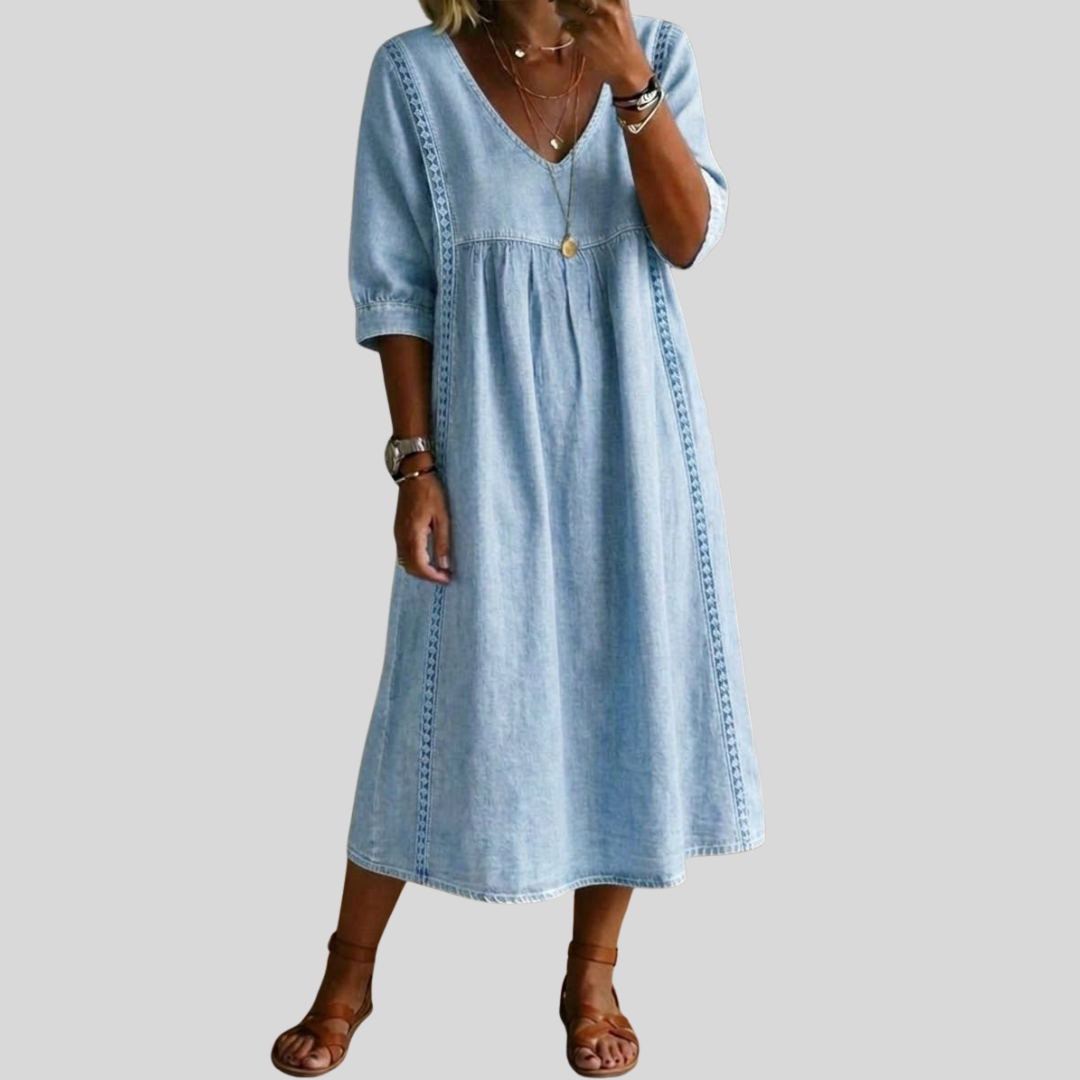 Elena – Elegant Lace Trim Dress in Cotton-Linen Blend
