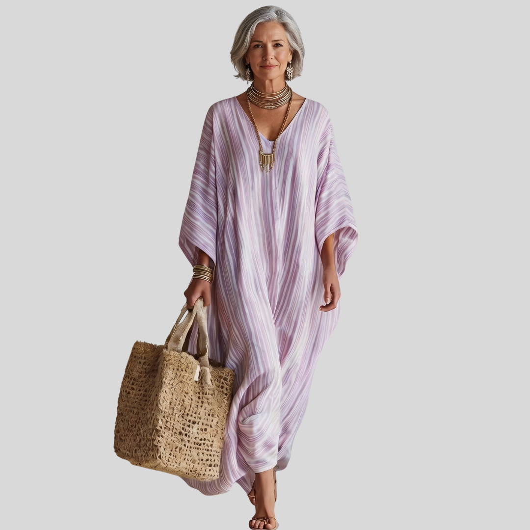 Oversized Kaftan Maxi Dress — Striped Linen Blend