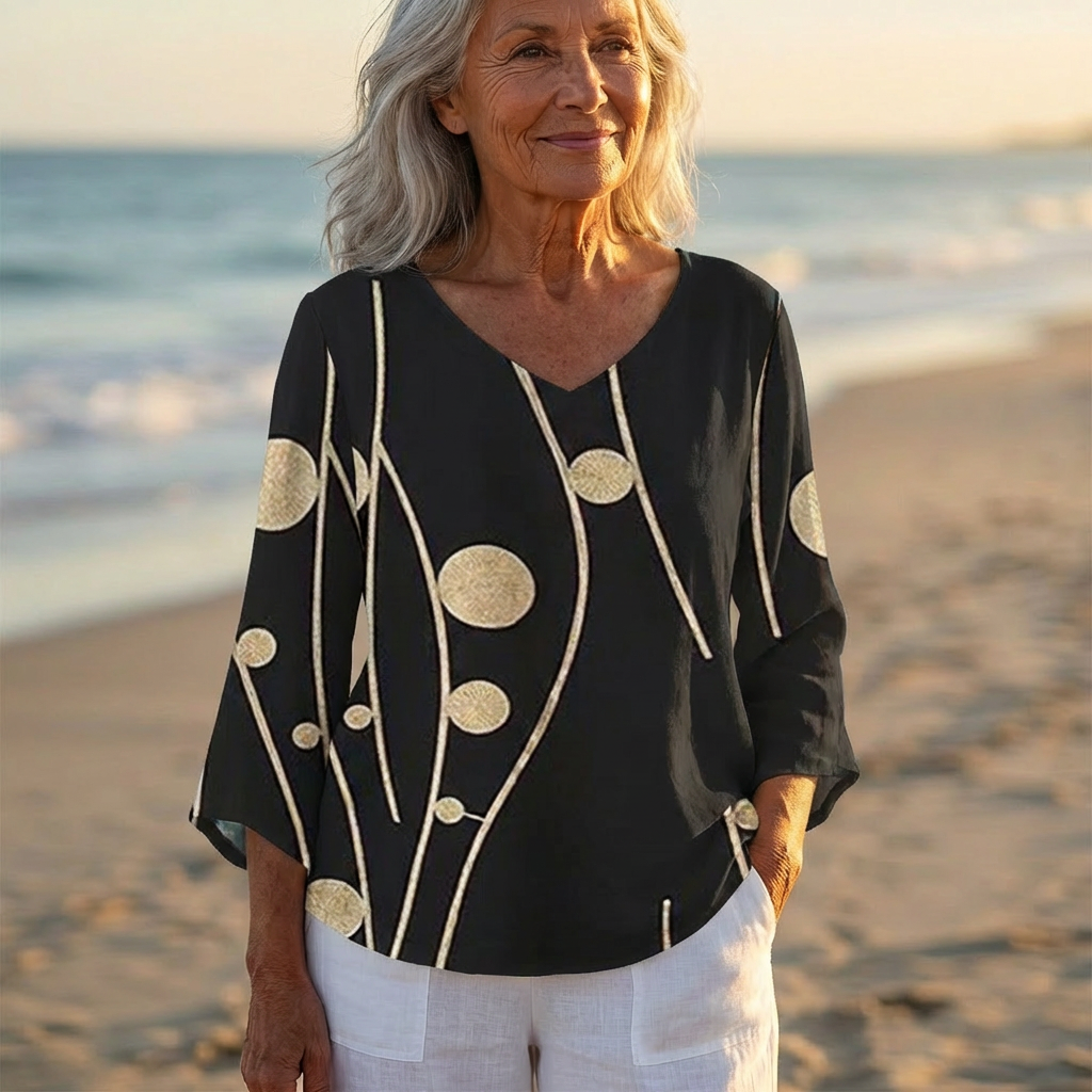 Luna - V-Neck Asymmetric Blouse | Gold Orbs Black