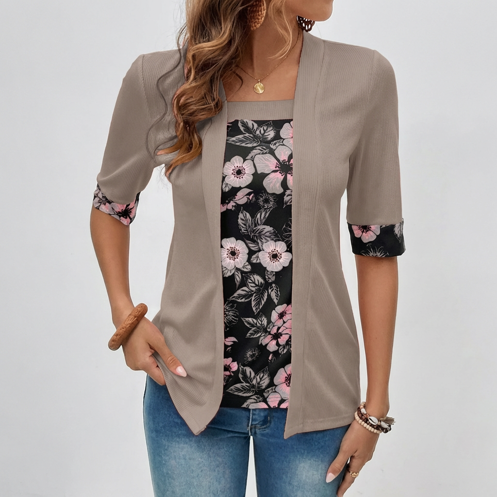 Cardigan floral stratificat – Top tip blazer elegant 2 în 1
