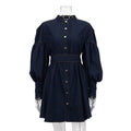 Lantern Sleeve Lace-up Denim Shirt Dress