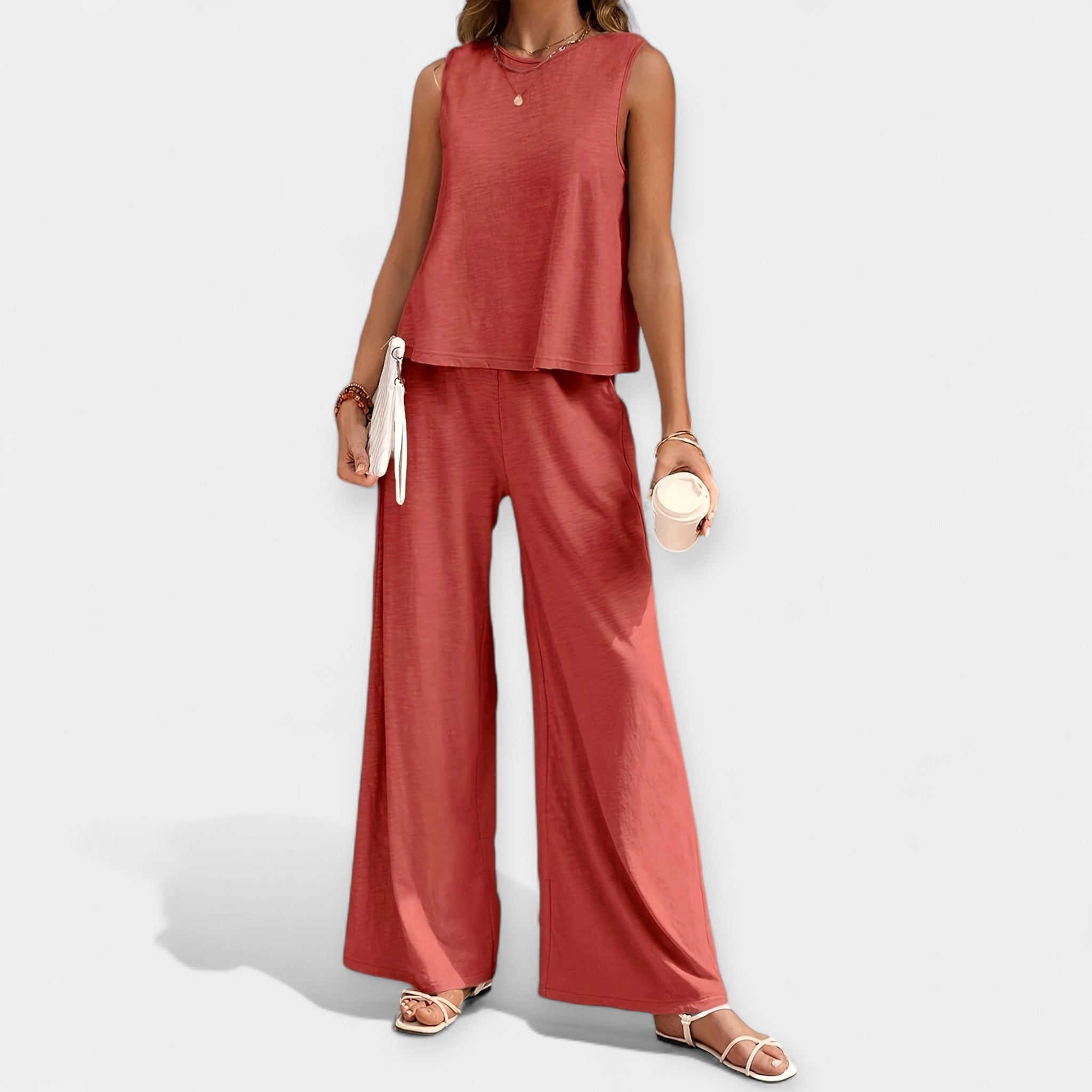 Set Bluză Fără Mâneci și Pantaloni Largi