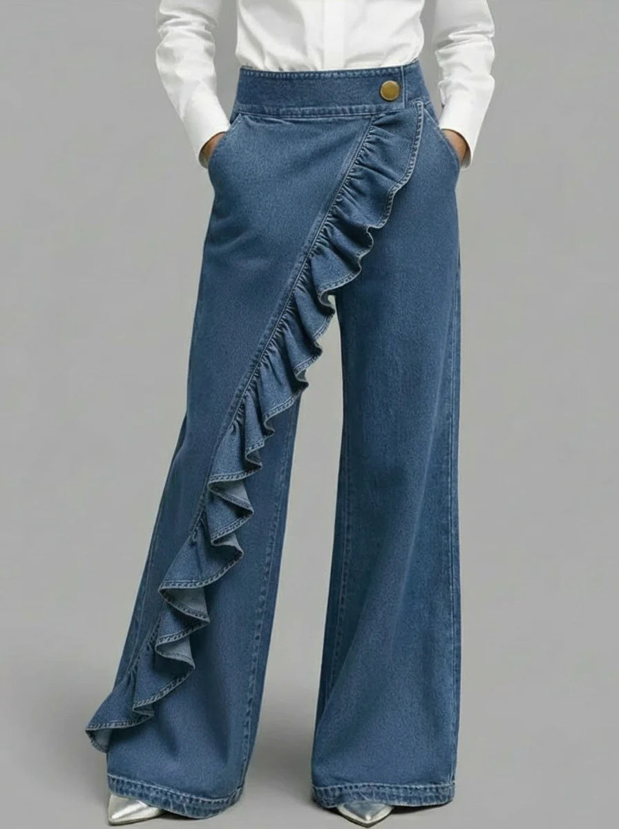 Pantaloni de blugi retro, cu talie înaltă, croială în A, neregulată