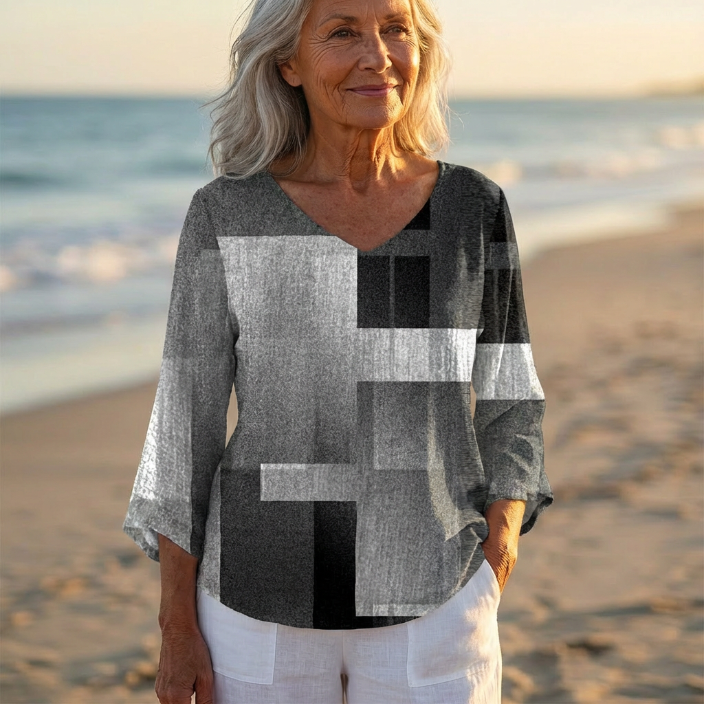 Luna - V-Neck Asymmetric Blouse | Grey Block
