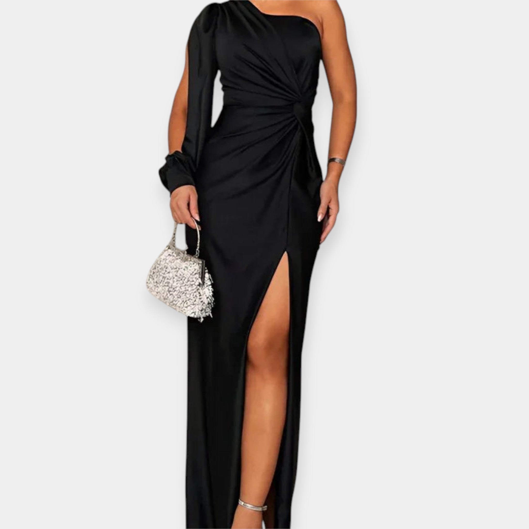 Long dress with asymmetric shoulder and slit