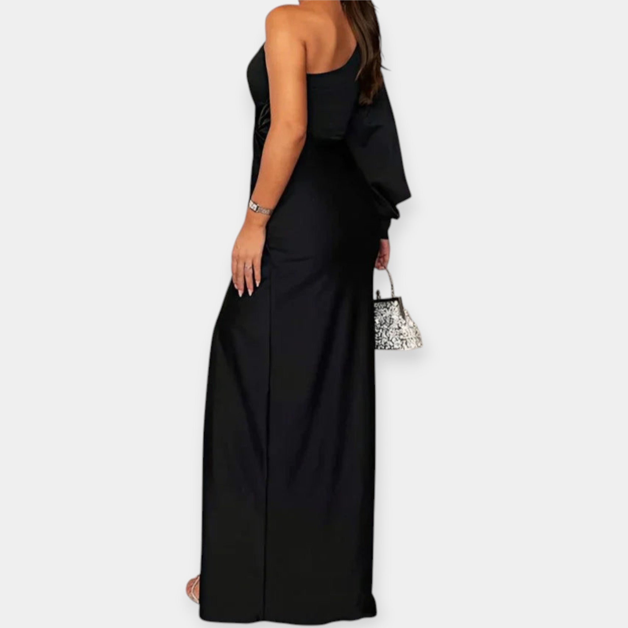 Long dress with asymmetric shoulder and slit