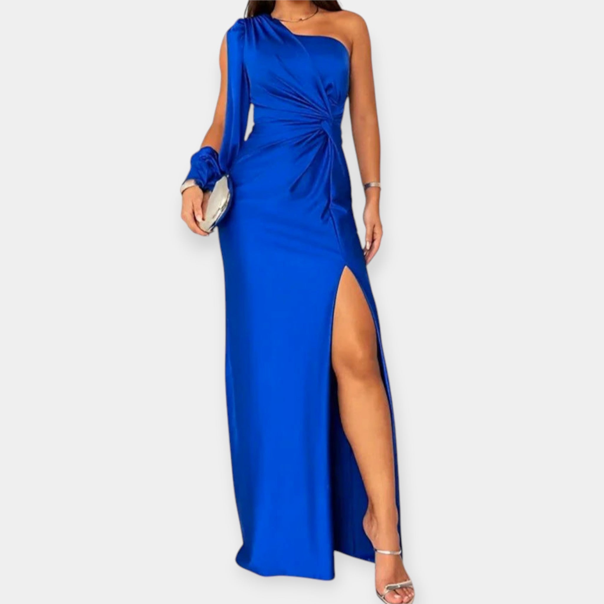 Long dress with asymmetric shoulder and slit