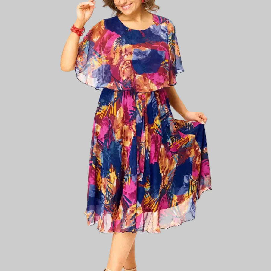 Maria | Floral Cape Overlay Midi Dress