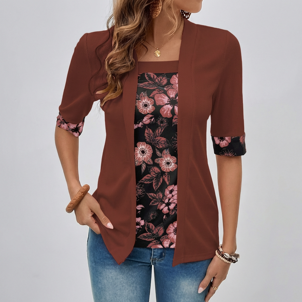 Cardigan floral stratificat – Top tip blazer elegant 2 în 1