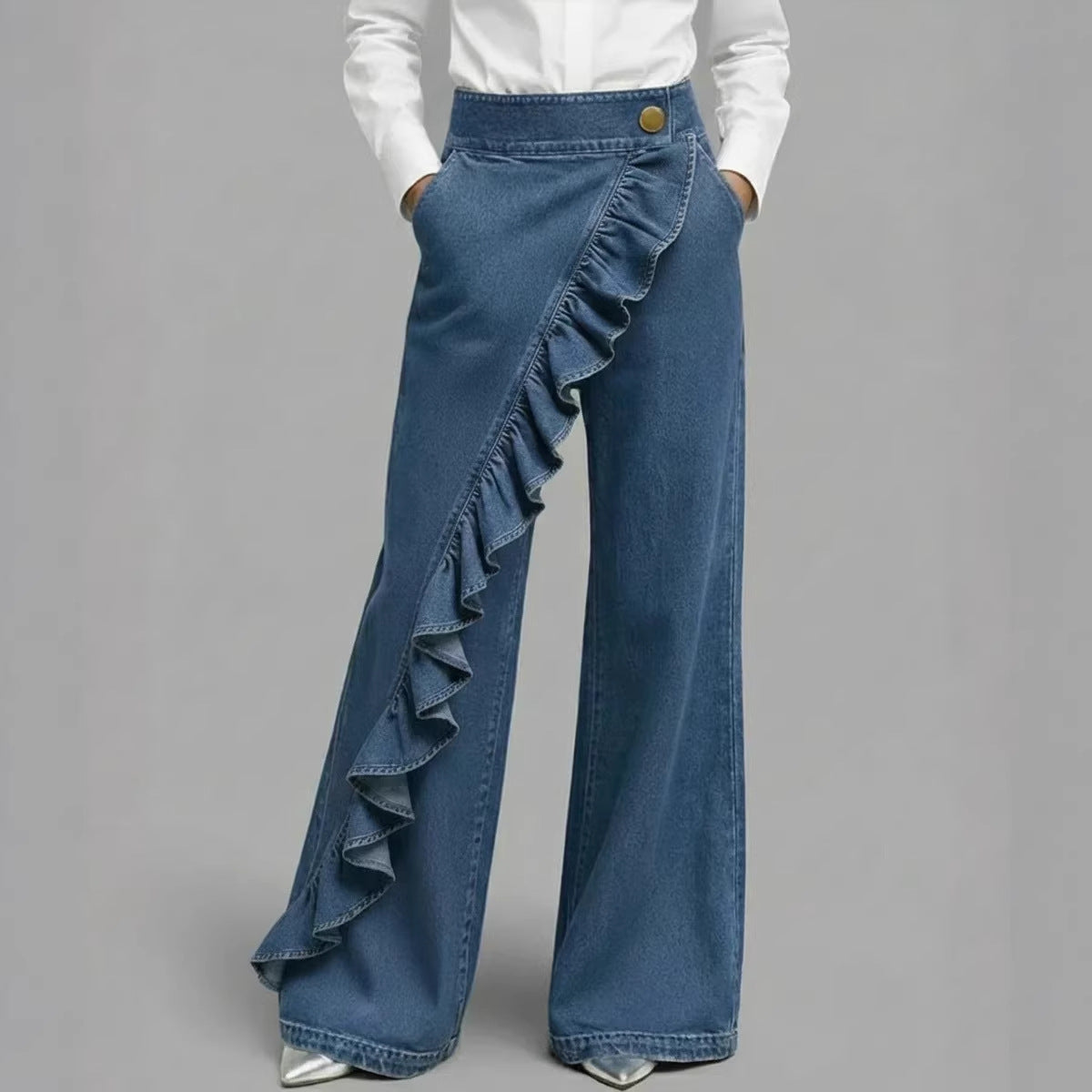 Pantaloni de blugi retro, cu talie înaltă, croială în A, neregulată