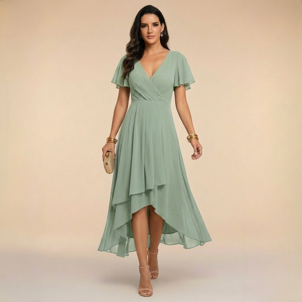 Aurora - Rochie midi în stratificat, cu mâneci scurte tip fluture și tiv asimetric