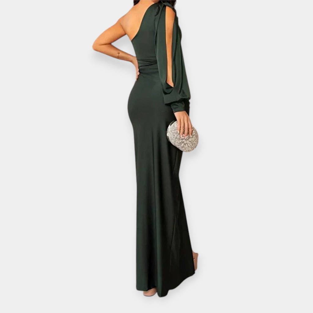 Long dress with asymmetric shoulder and slit