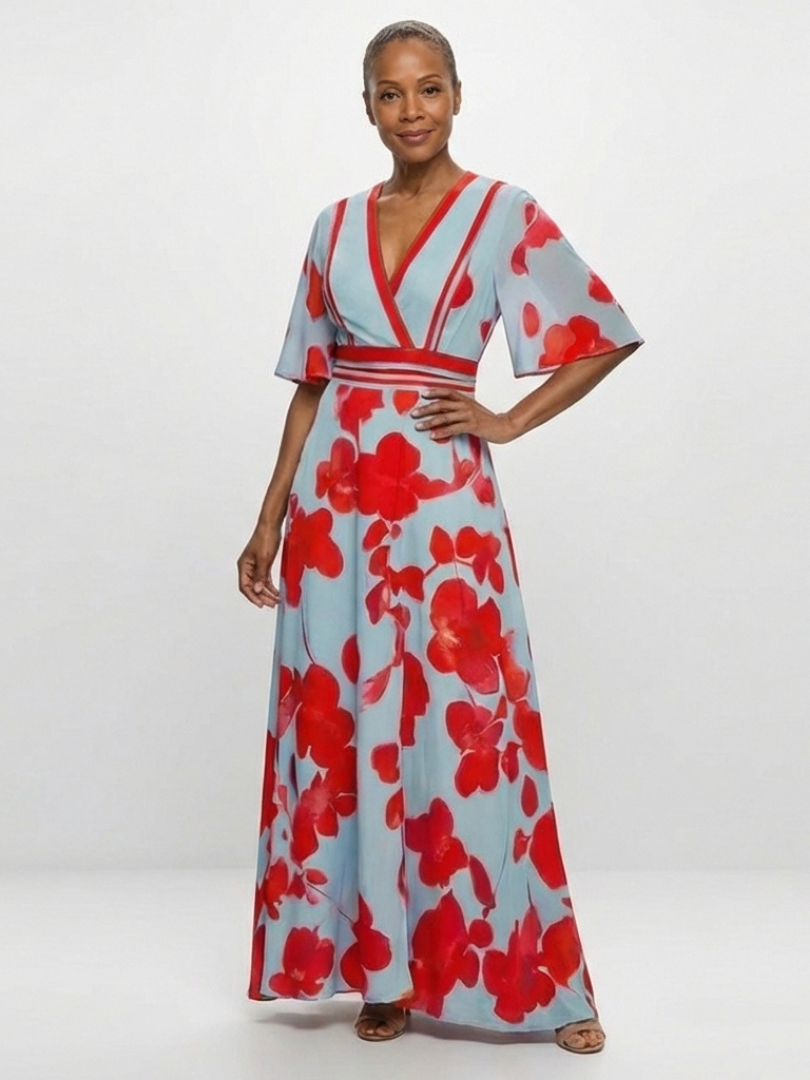Corinne | Floral Maxi Dress with V-Neckline and Short Sleeves