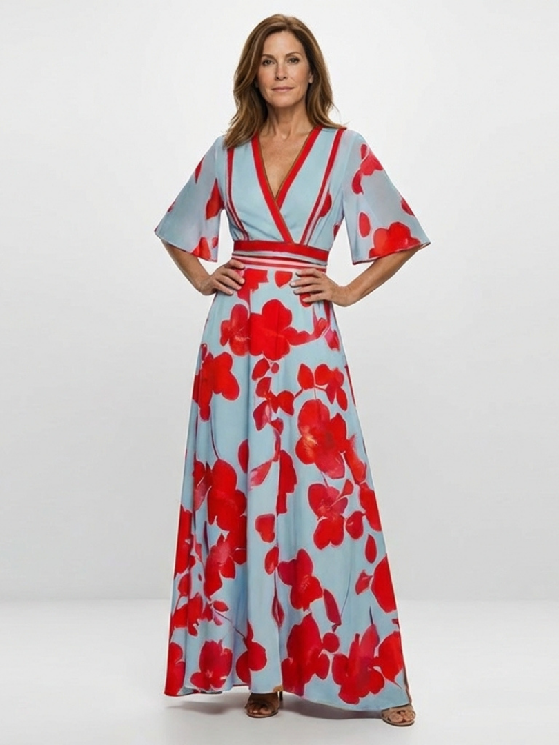 Corinne | Floral Maxi Dress with V-Neckline and Short Sleeves