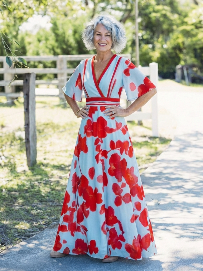 Corinne | Floral Maxi Dress with V-Neckline and Short Sleeves