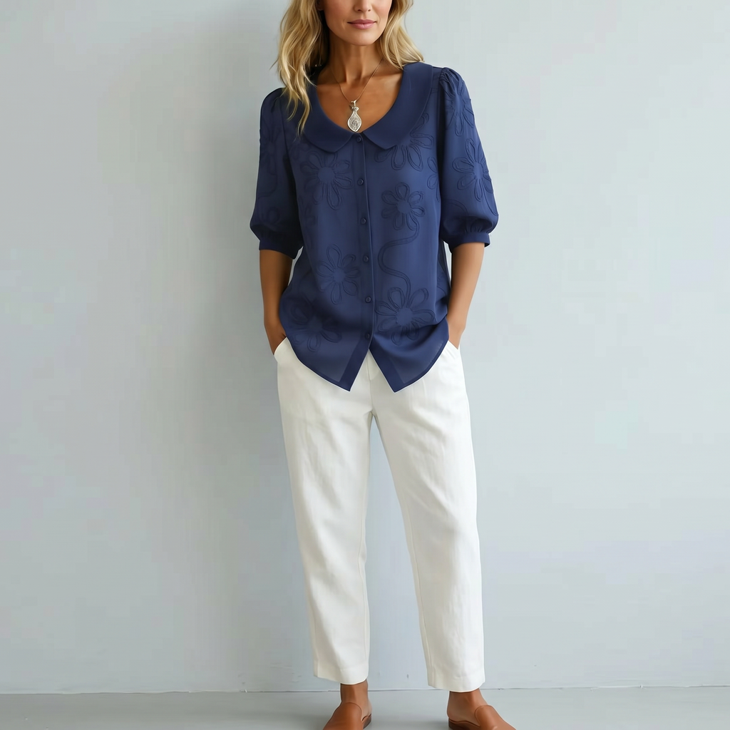 Sarah | Linen V-Neck Blouse with 3/4 Sleeves