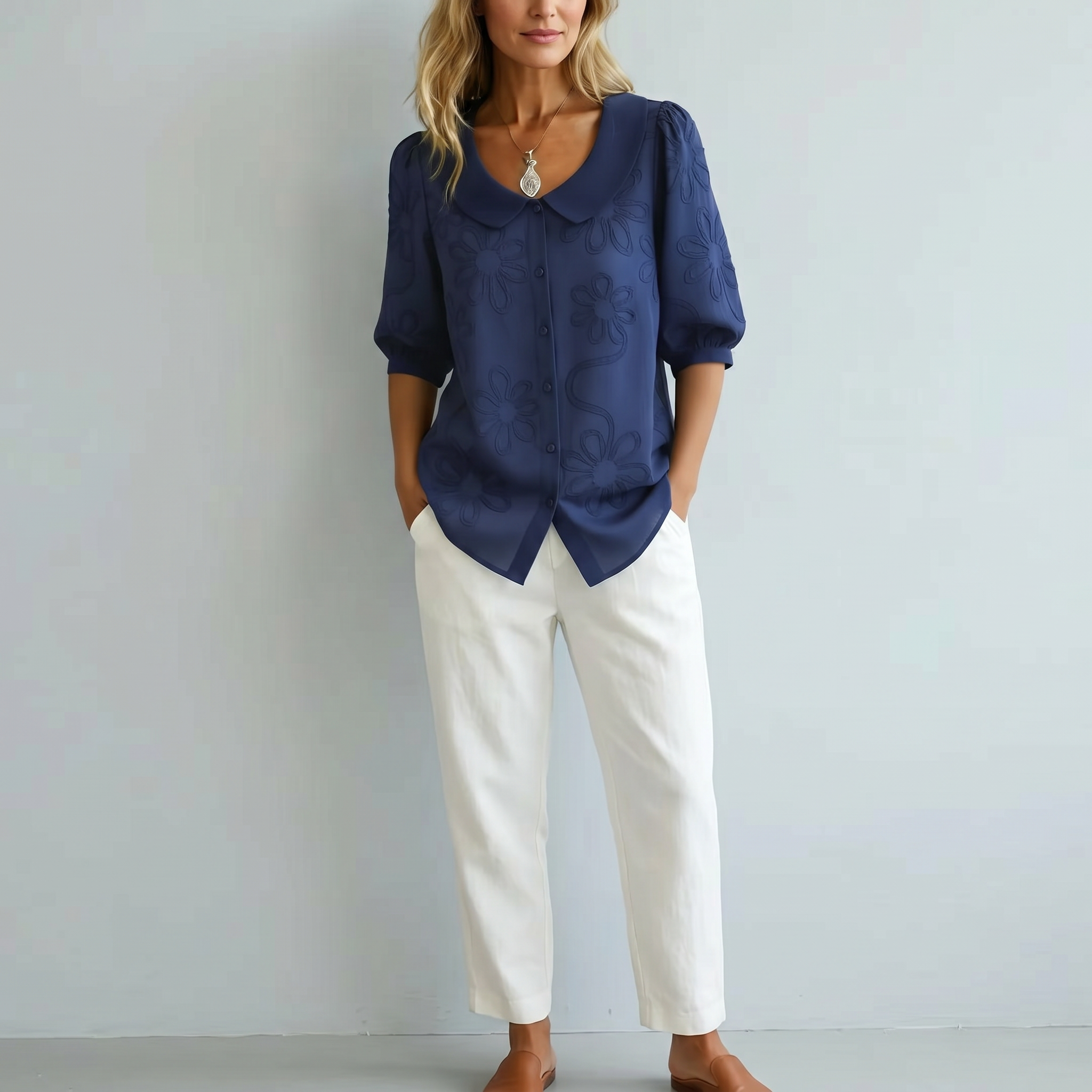 Sarah | Linen V-Neck Blouse with 3/4 Sleeves