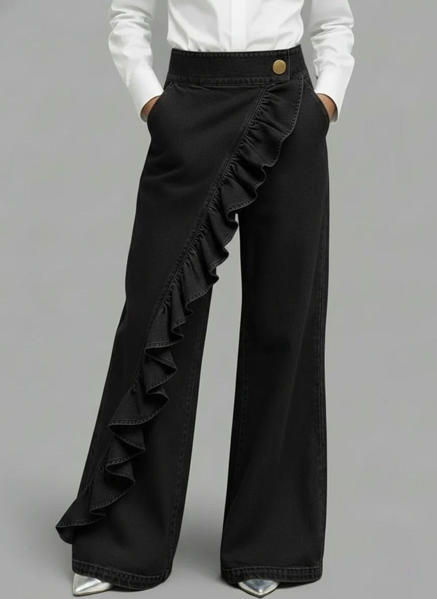 Pantaloni de blugi retro, cu talie înaltă, croială în A, neregulată