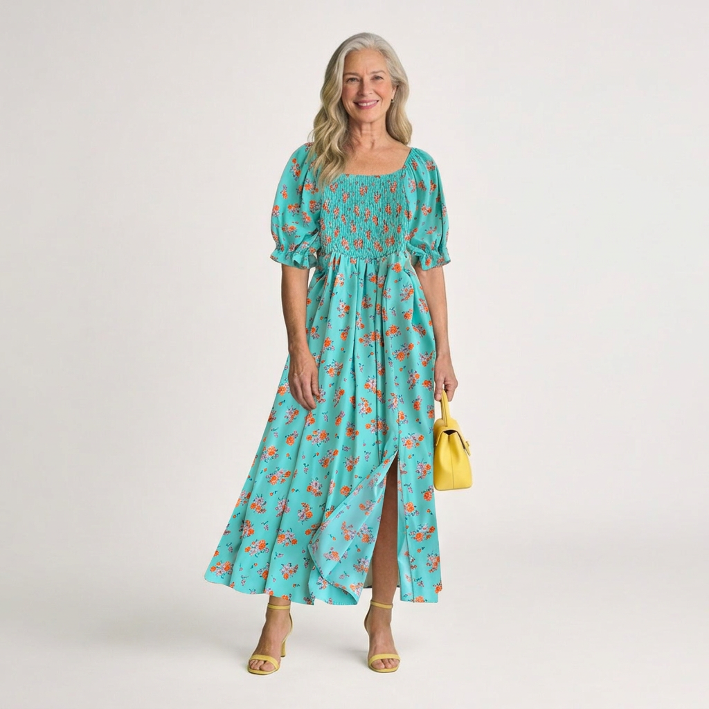 Delphine | Midi Dress with Square Neckline and Floral Puff Sleeves