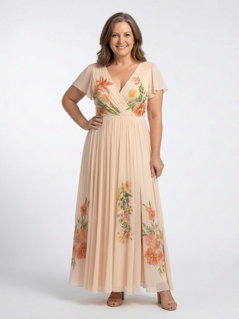 Calista | Floral Maxi Dress with Short Sleeves and V-Neckline