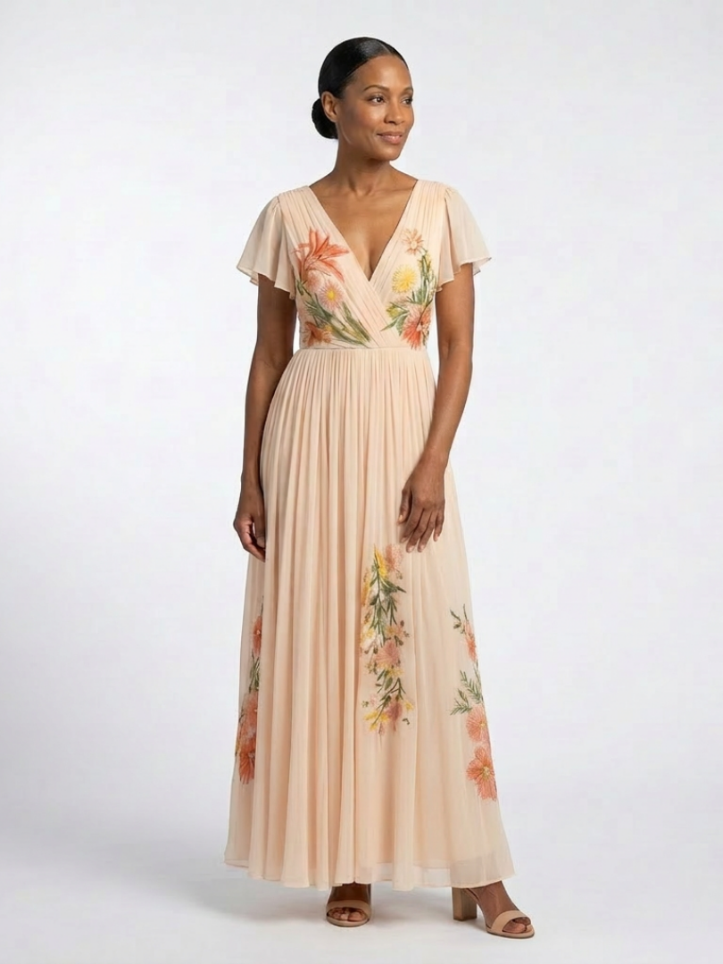 Calista | Floral Maxi Dress with Short Sleeves and V-Neckline