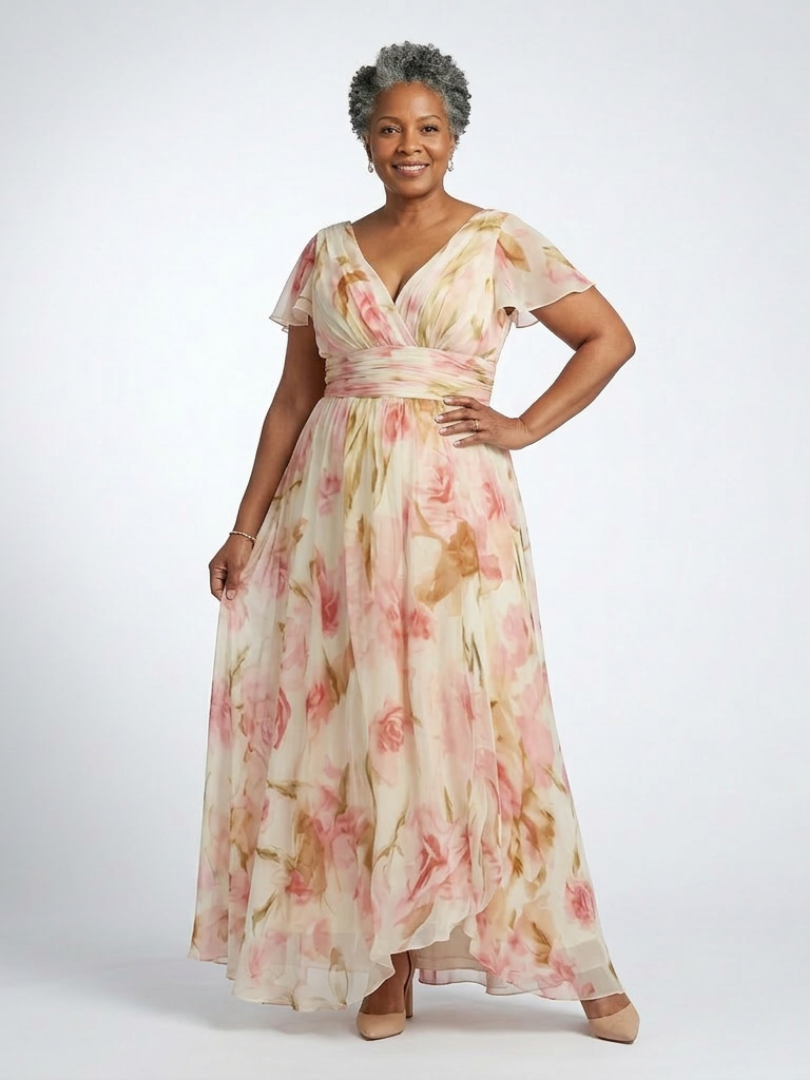 Elara | Floral Maxi Dress with Short Sleeves and V-Neck