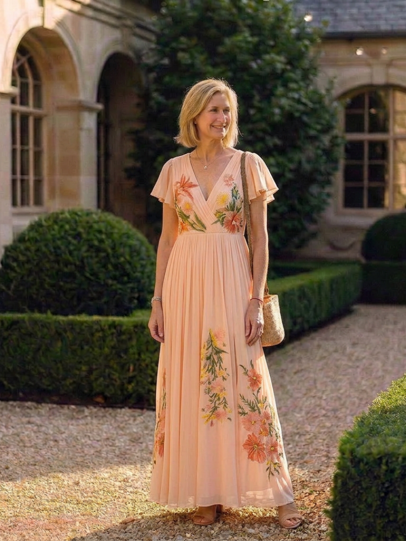 Calista | Floral Maxi Dress with Short Sleeves and V-Neckline