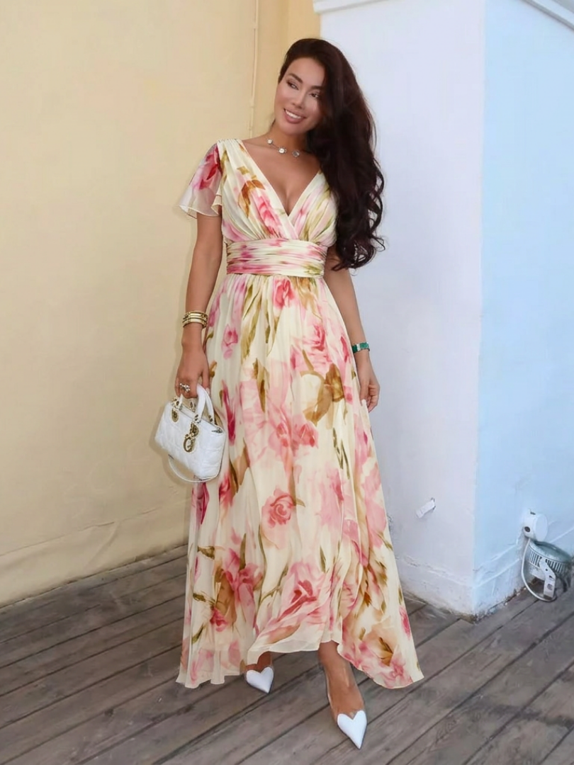 Elara | Floral Maxi Dress with Short Sleeves and V-Neck