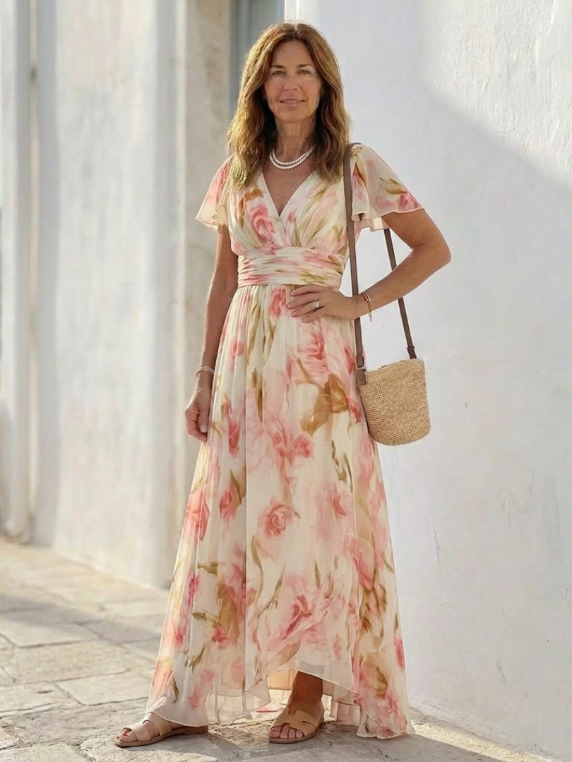 Elara | Floral Maxi Dress with Short Sleeves and V-Neck