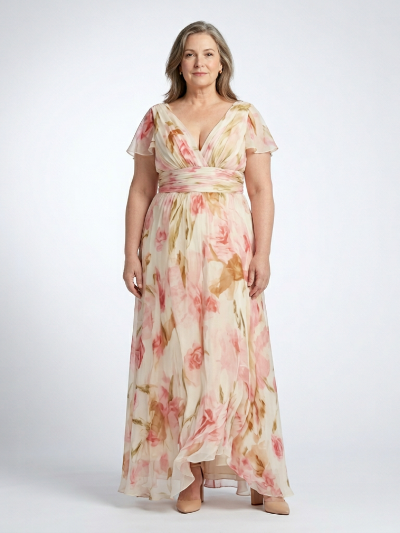 Elara | Floral Maxi Dress with Short Sleeves and V-Neck