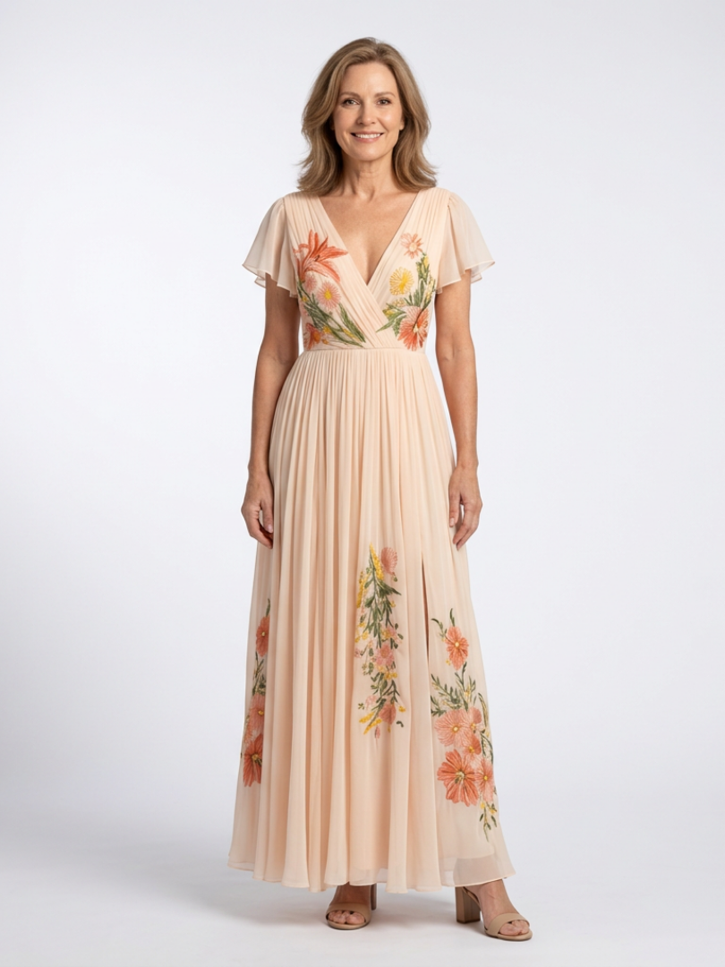Calista | Floral Maxi Dress with Short Sleeves and V-Neckline