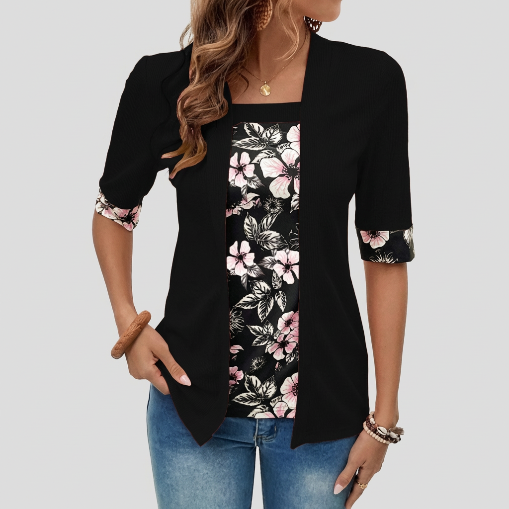 Cardigan floral stratificat – Top tip blazer elegant 2 în 1