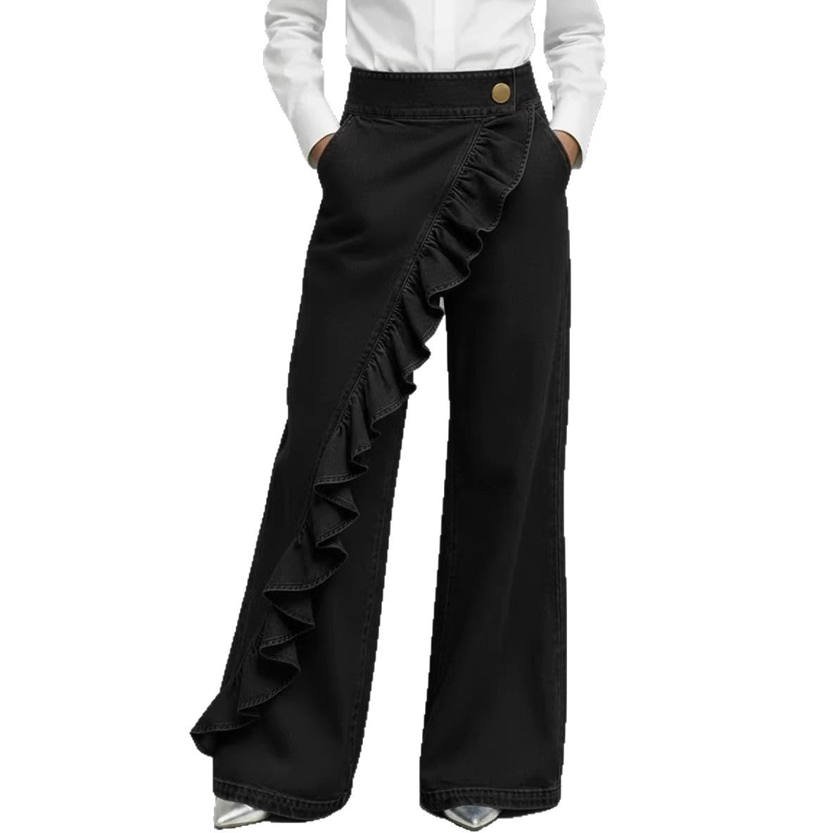 Pantaloni de blugi retro, cu talie înaltă, croială în A, neregulată