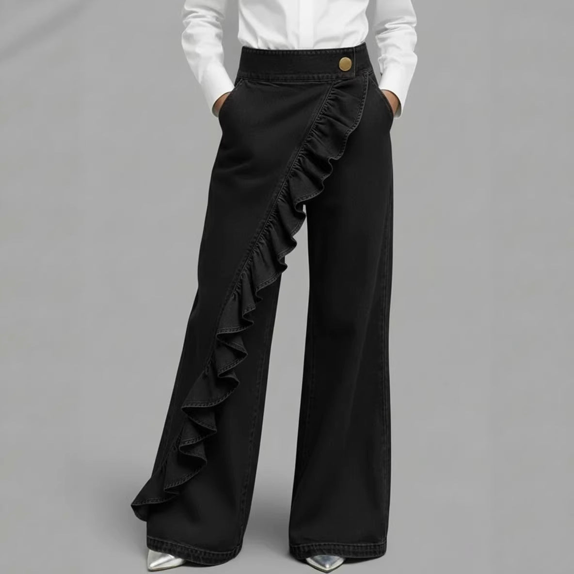Pantaloni de blugi retro, cu talie înaltă, croială în A, neregulată