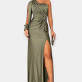 Long dress with asymmetric shoulder and slit