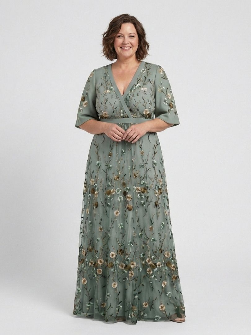 Evadne | Floral Maxi Dress with V-Neckline and Short Sleeves