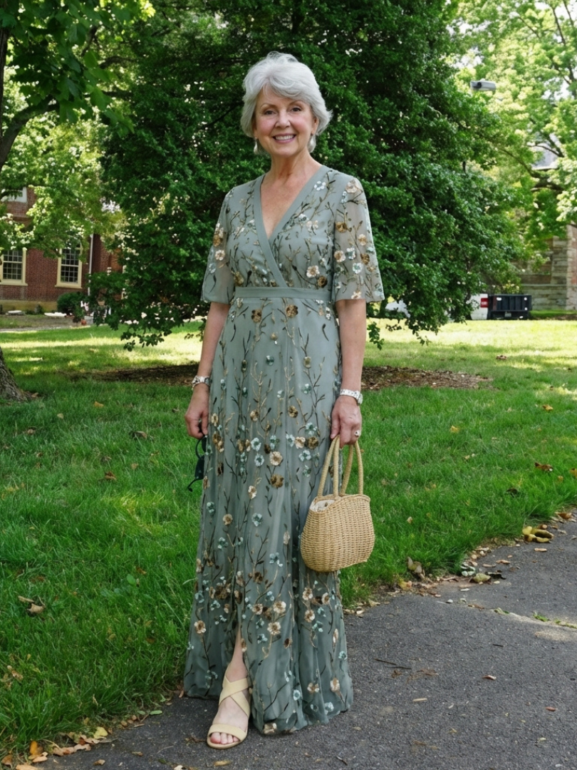 Evadne | Floral Maxi Dress with V-Neckline and Short Sleeves