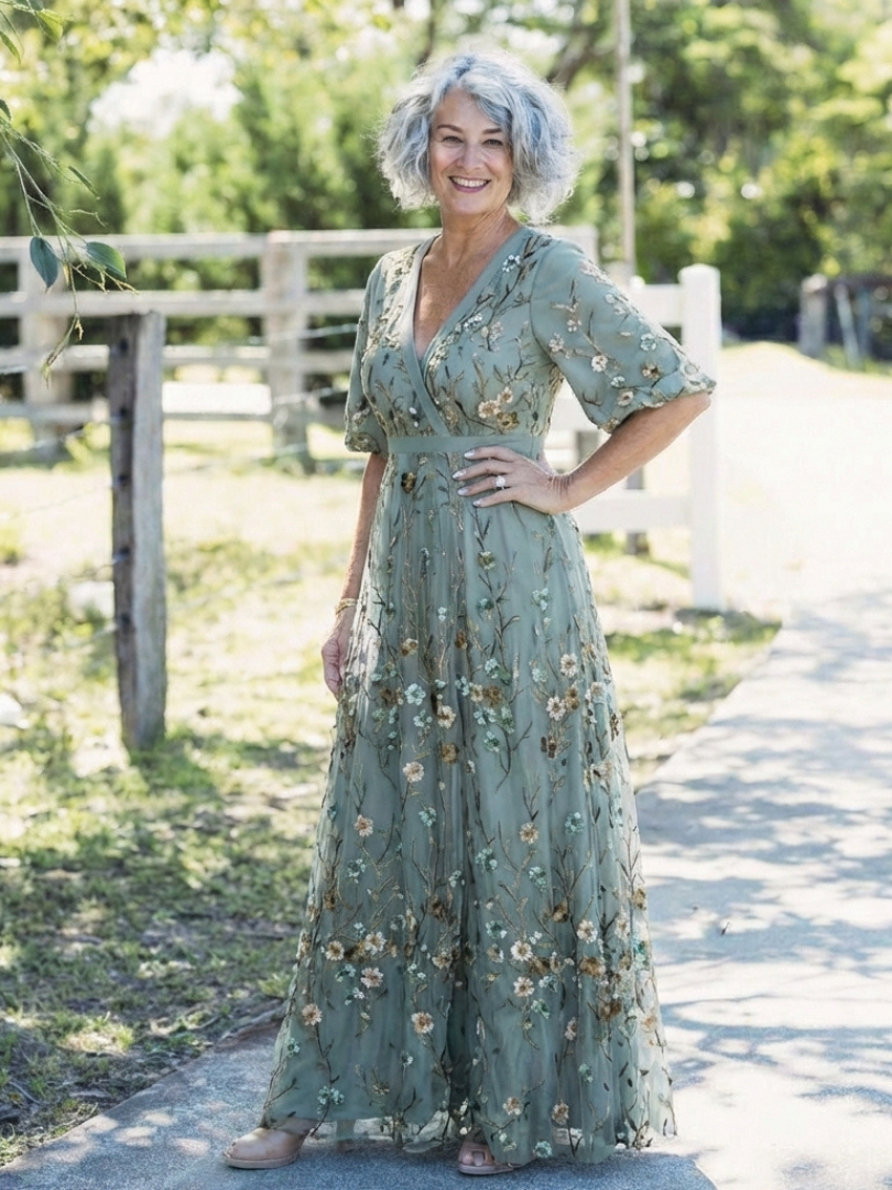 Evadne | Floral Maxi Dress with V-Neckline and Short Sleeves