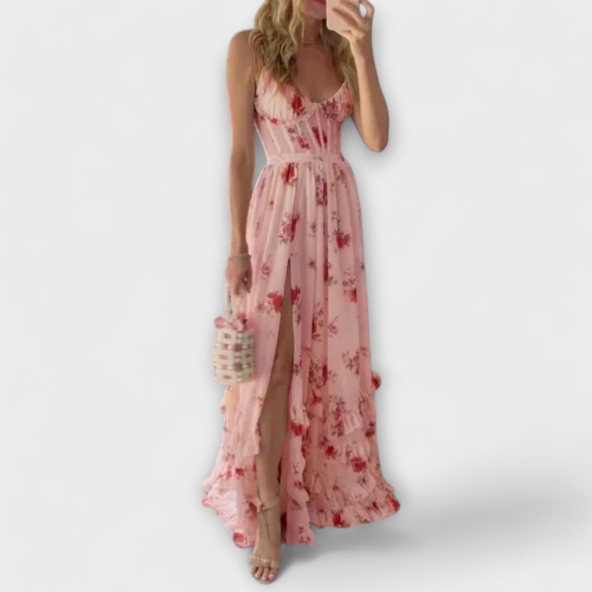 Rochie maxi cu imprimeu floral și șliț