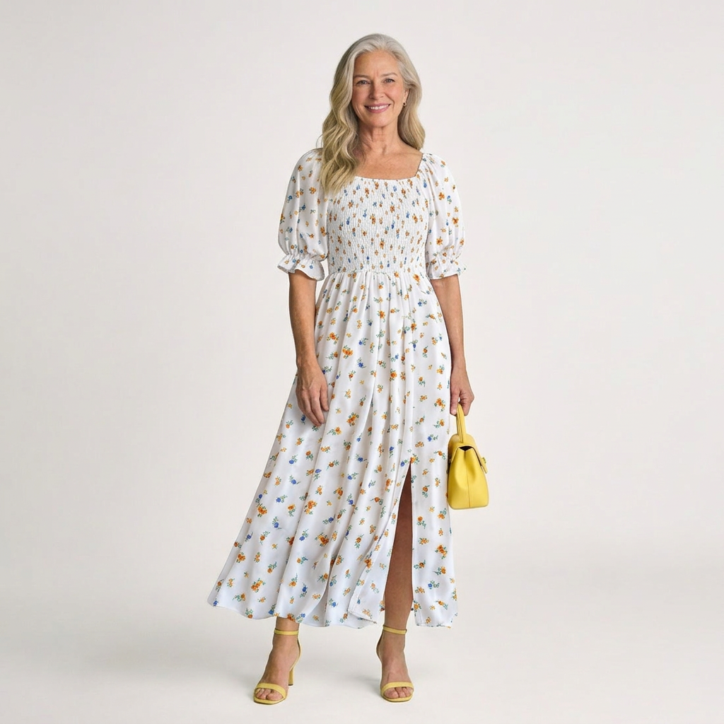 Delphine | Midi Dress with Square Neckline and Floral Puff Sleeves