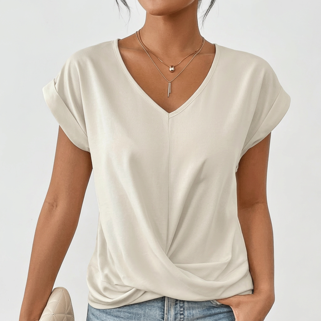 V-neck and short-sleeved blouse