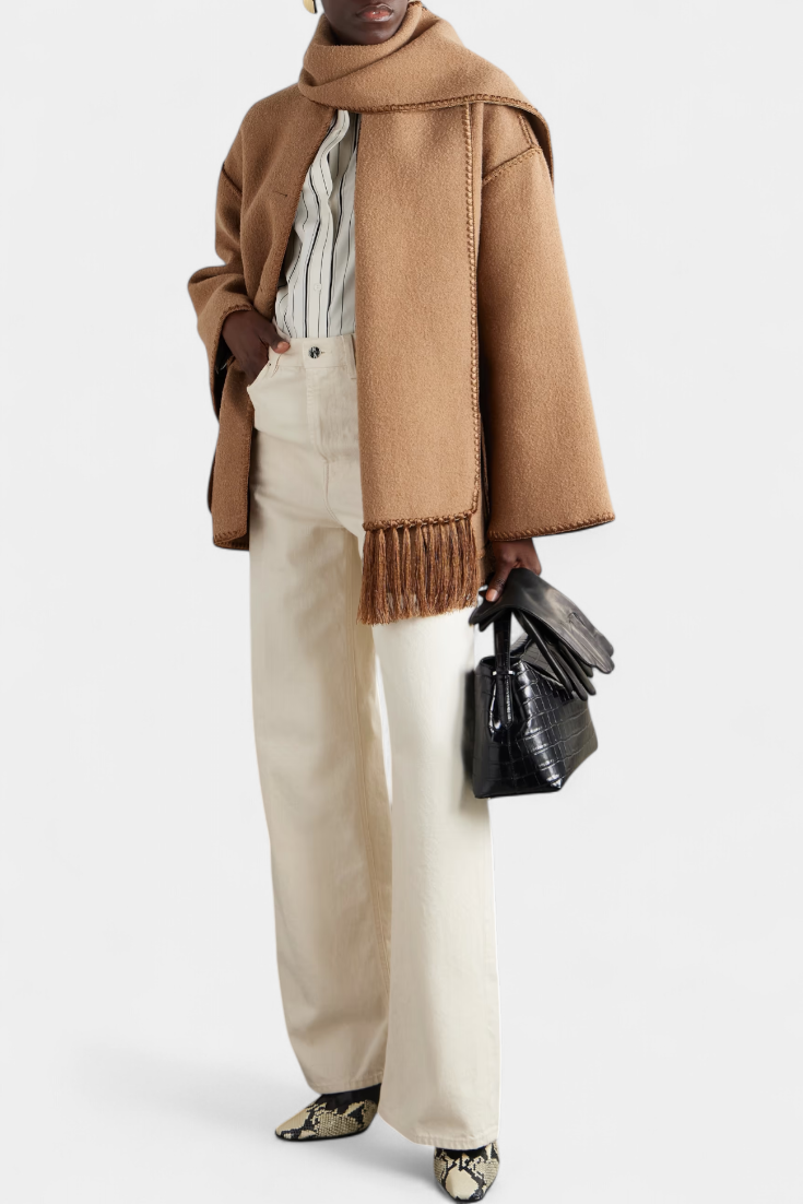 Pauline™ | Loose-Fitting Coat with Integrated Fringe Scarf