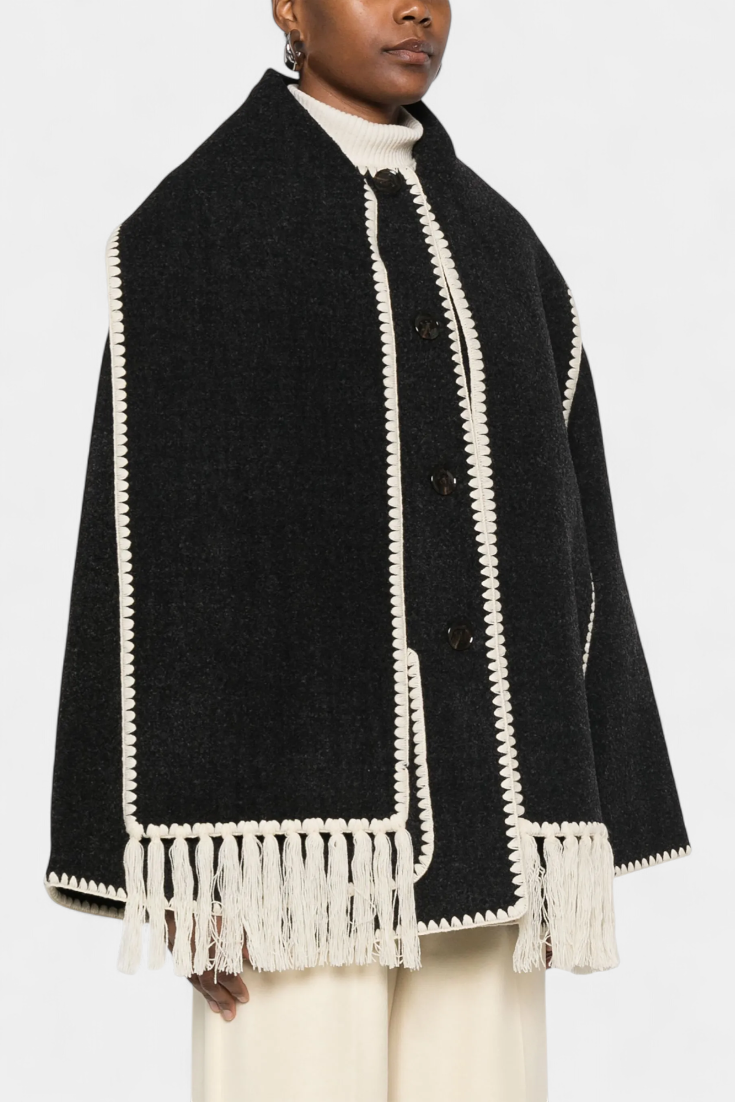 Pauline™ | Loose-Fitting Coat with Integrated Fringe Scarf